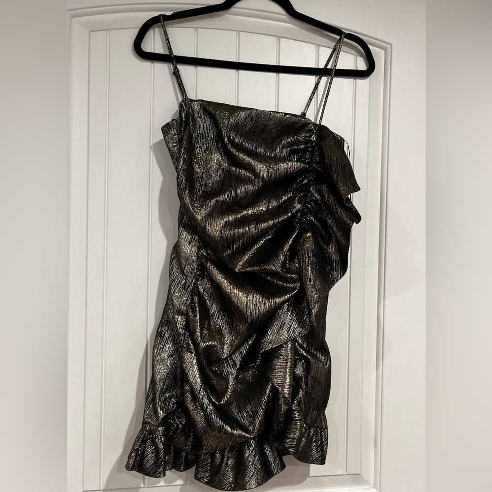 Zara Asymmetrical Metallic Black Gold Dress size Small Hoco Sorority